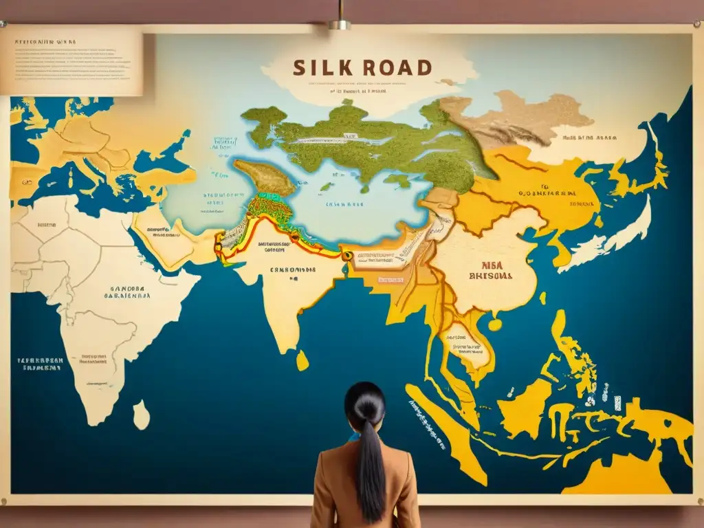 Mapa detallado de la Ruta de la Seda, mostrando rutas comerciales, ciudades y características geográficas