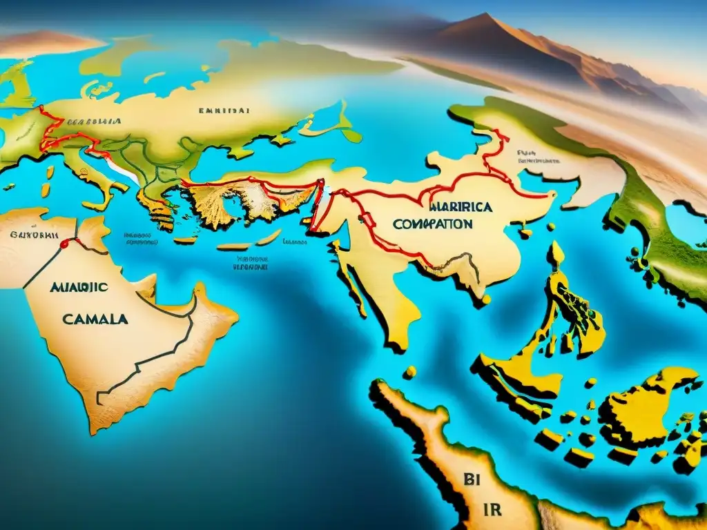 Mapa detallado de la Ruta de la Seda con tribus nómadas, camellos y mercados antiguos