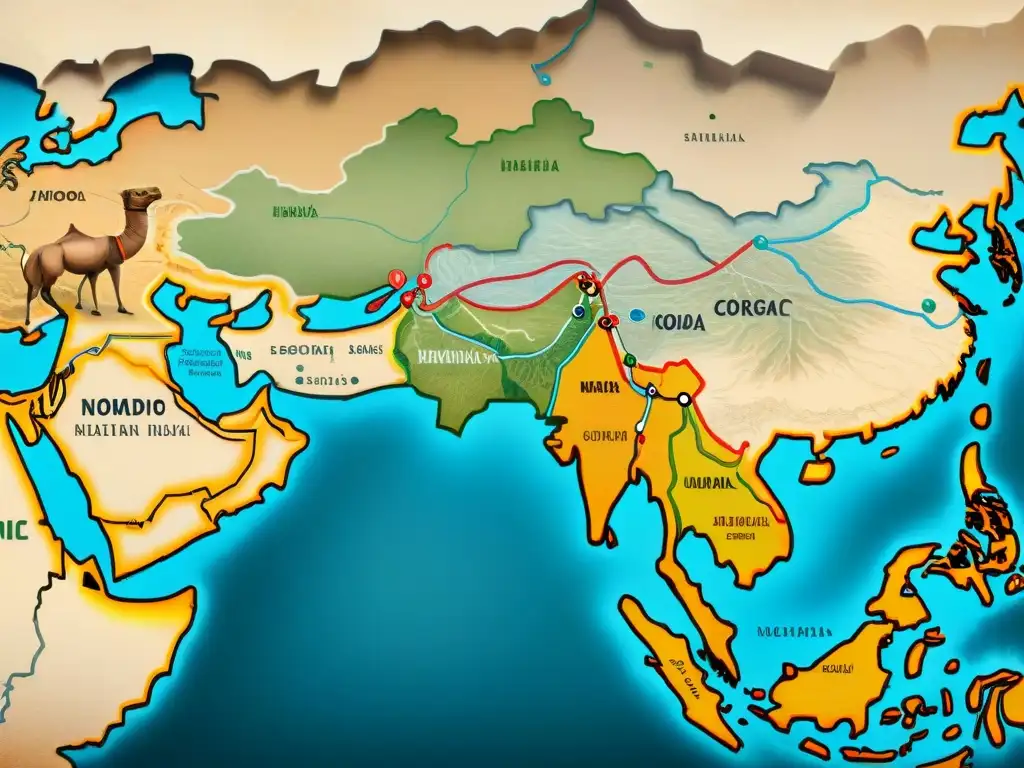 Mapa detallado de la Ruta de la Seda con intercambios económicos dinastías nómadas y caravanas comerciantes