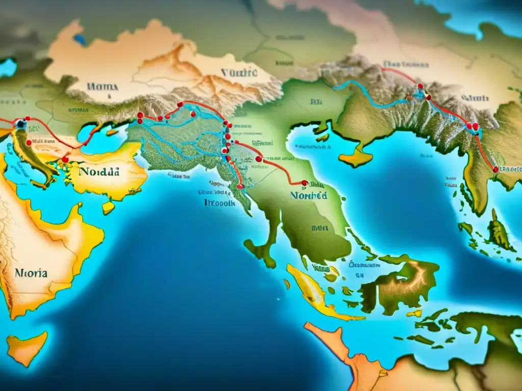 Mapa detallado de la Ruta de la Seda con tribus nómadas y civilizaciones, reflejando intercambios culturales