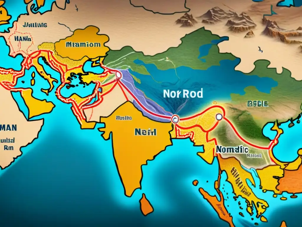 Mapa detallado de la Ruta de la Seda con tribus nómadas, impacto en la economía