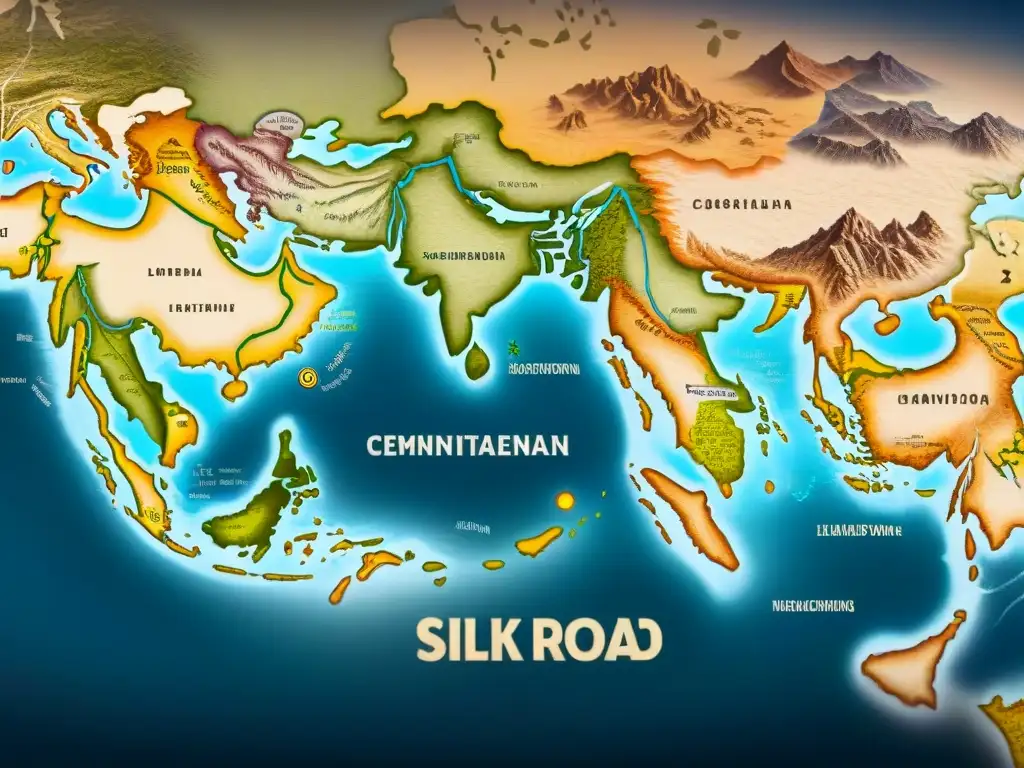 Mapa detallado de la Ruta de la Seda con ilustraciones de sabores nómadas en tonos sepia