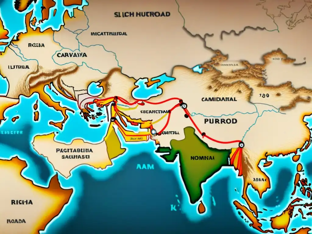 Mapa detallado de la Ruta de la Seda con influencias culturales y mezcla lingüística de tribus nómadas