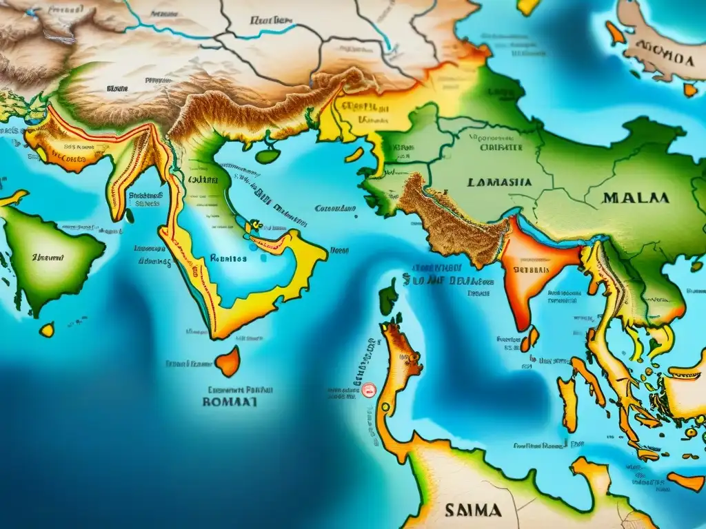 Mapa detallado de la Ruta de la Seda con colores vibrantes, ilustraciones de tribus nómadas, criaturas míticas y leyendas