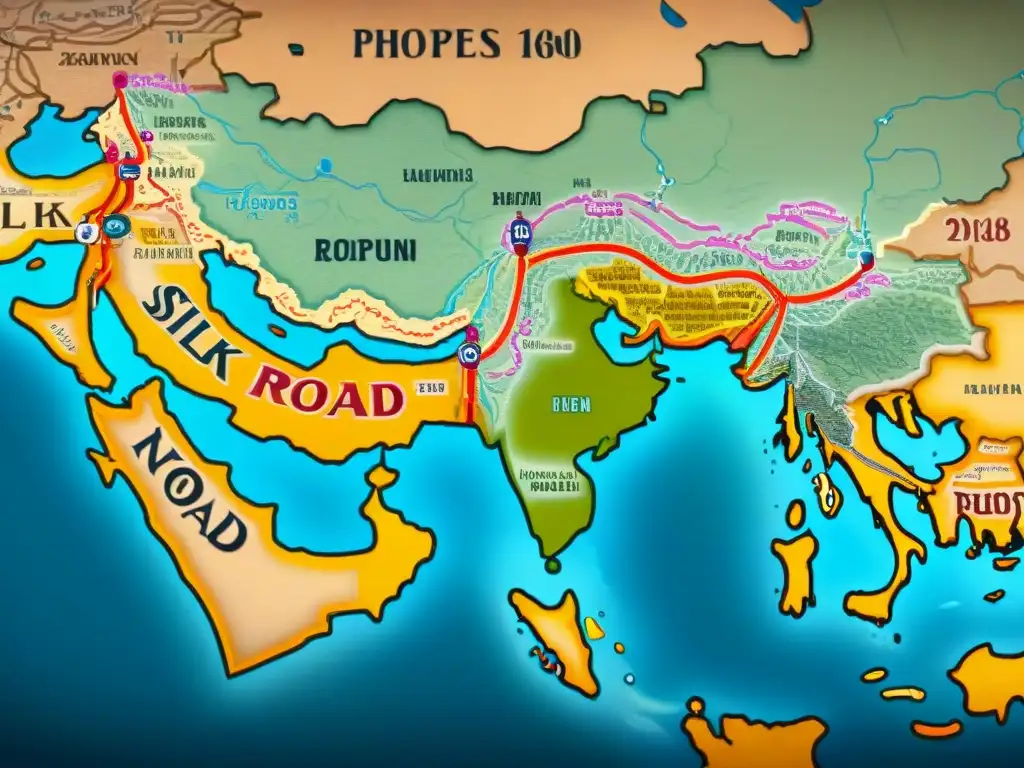 Mapa detallado de la Ruta de la Seda, ilustrando la interdependencia económica entre nómadas y sedentarios en vibrantes colores
