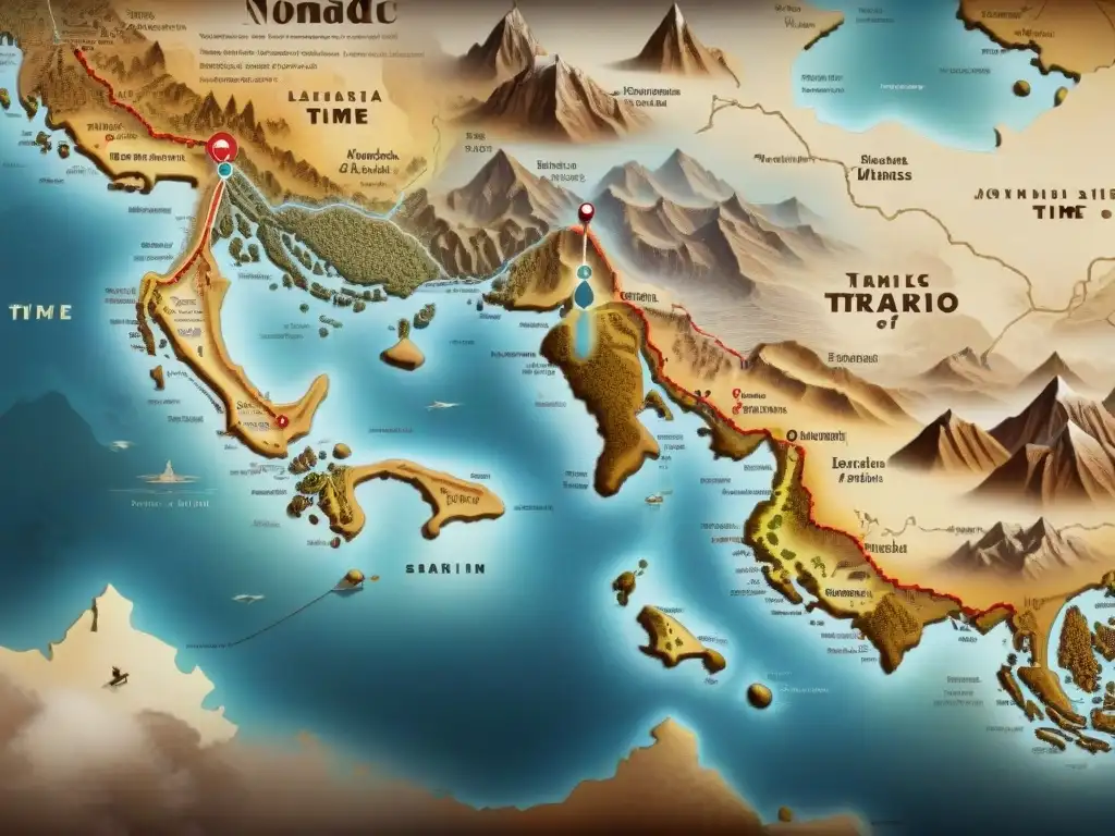 Mapa detallado de rutas antiguas de tribus nómadas en tonos sepia