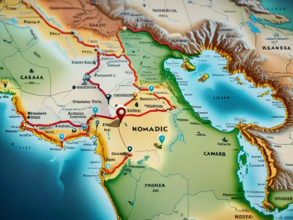 Mapa detallado de rutas comerciales de tribus nómadas, con caravanas históricas y mercados antiguos