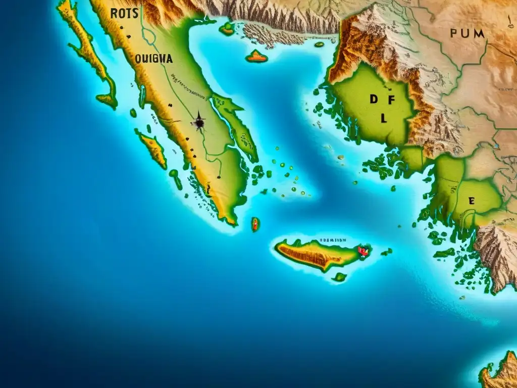 Mapa detallado de rutas comerciales fenicias con ilustraciones de barcos, puertos y bienes exóticos en el mar Mediterráneo