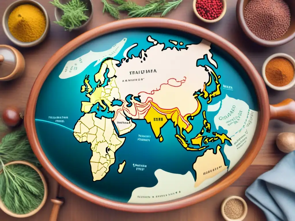 Mapa detallado de rutas comerciales antiguas con especias y utensilios de cocina, conectando continentes