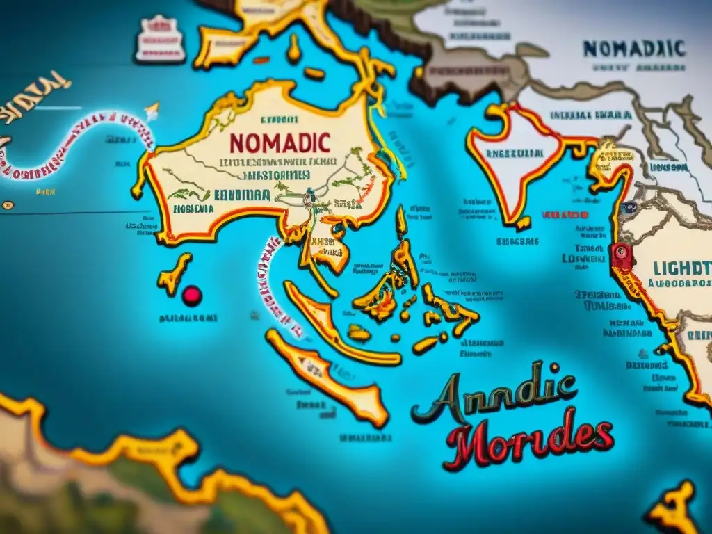 Mapa detallado de rutas comerciales antiguas de diplomacia nómada, con colores vibrantes y camellos ilustrados