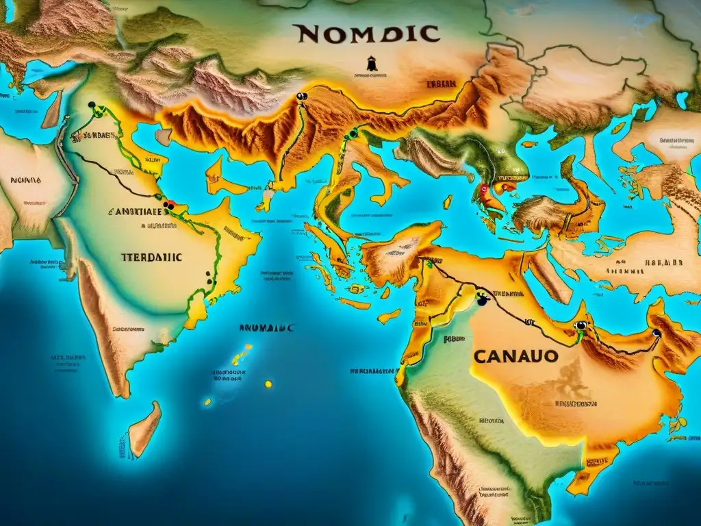 Mapa detallado de rutas comerciales de dinastías nómadas, caravanas en la Ruta de la Seda