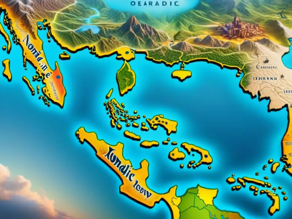Mapa detallado de rutas comerciales de tribus nómadas Mapa detallado de rutas comerciales de tribus nómadas, con ilustraciones de caravanas y mercados bulliciosos