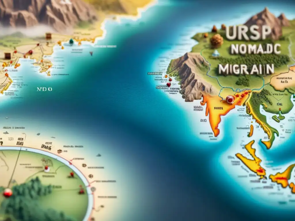 Mapa detallado de rutas de migración de tribus antiguas, con tonos terrosos y símbolos culturales