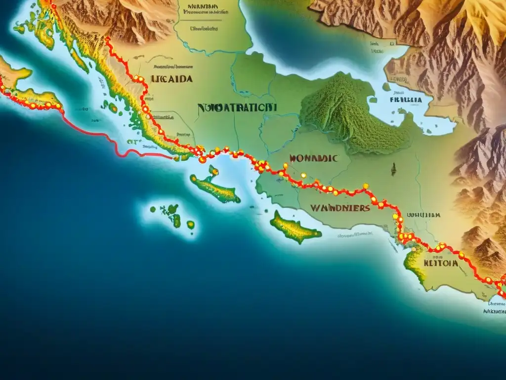 Mapa detallado de rutas de migración de tribus nómadas, mostrando la influencia en lenguas modernas