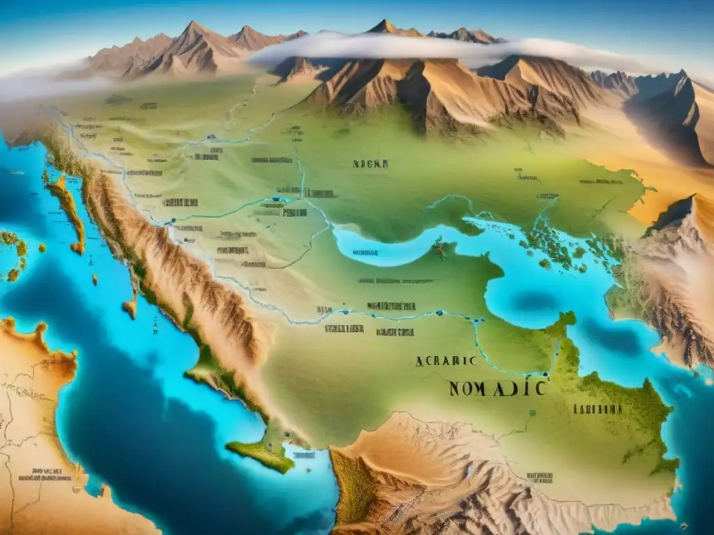 Mapa detallado de las rutas de migración de tribus nómadas en tonos terráqueos, con marcas arqueológicas