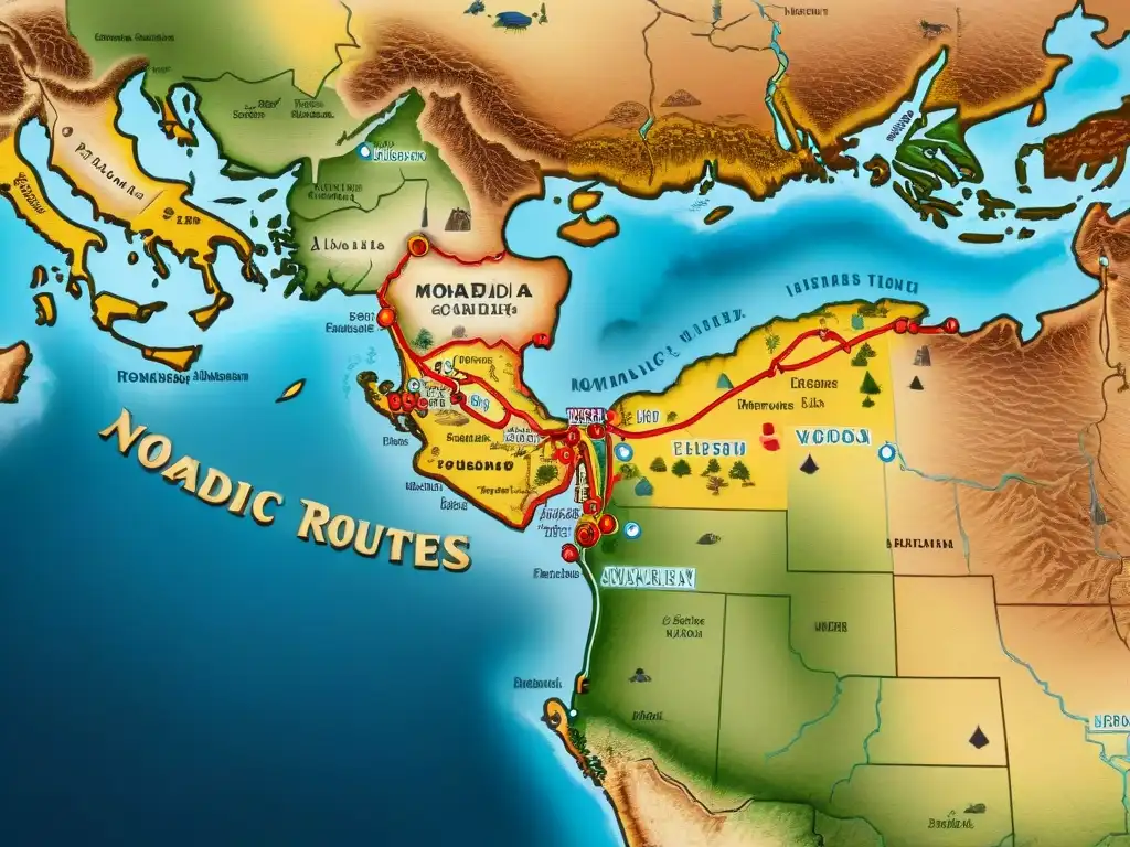 Mapa detallado de rutas de migración de tribus nómadas a lo largo de la historia, con ilustraciones tradicionales y caligrafía antigua