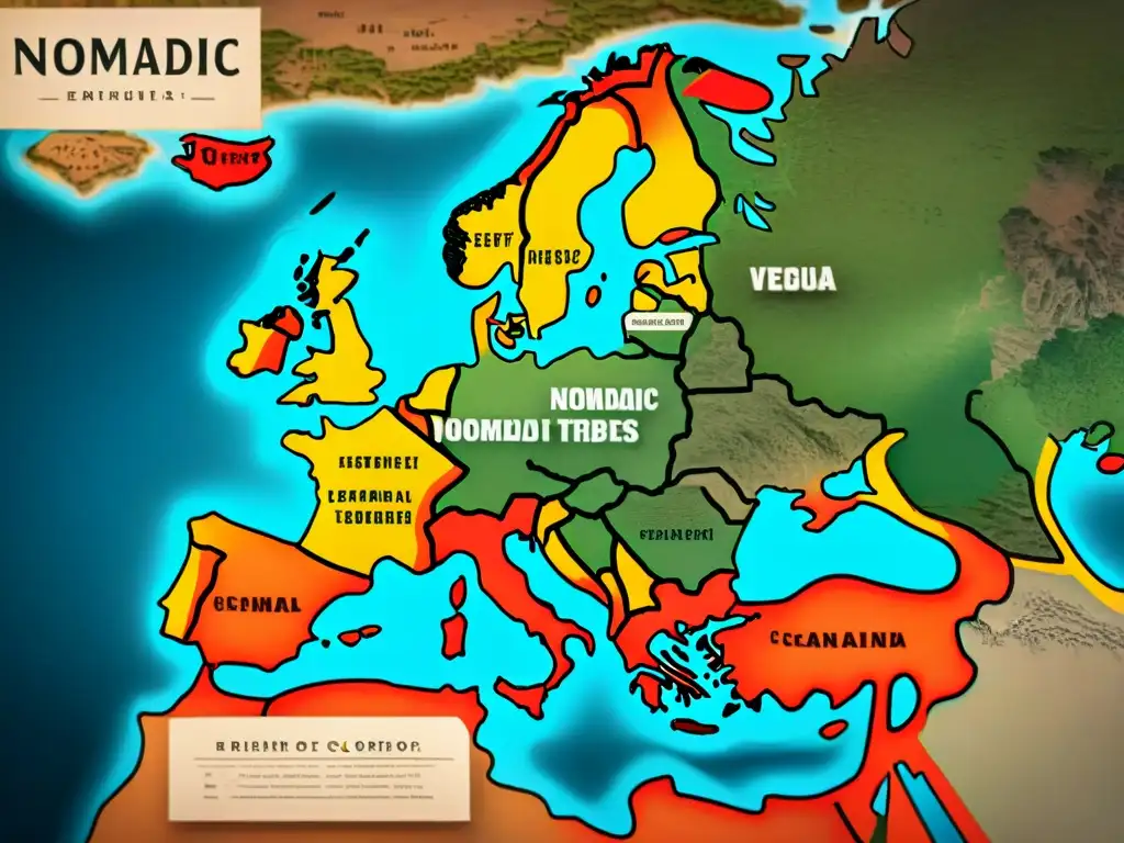 Mapa detallado de rutas de migración de tribus nómadas en Europa, evocando movimiento y riqueza cultural