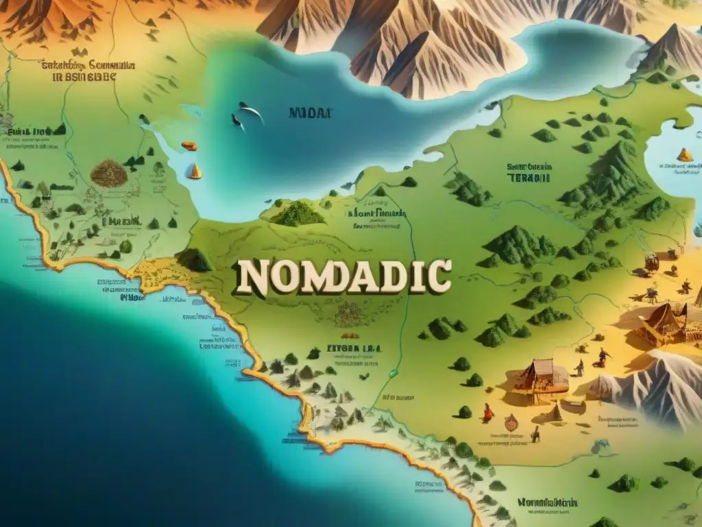 Mapa detallado de rutas nómadas: tribus y paisajes en movimiento Mapa detallado de rutas de migración de tribus nómadas en diversos paisajes, evocando historia y diversidad cultural