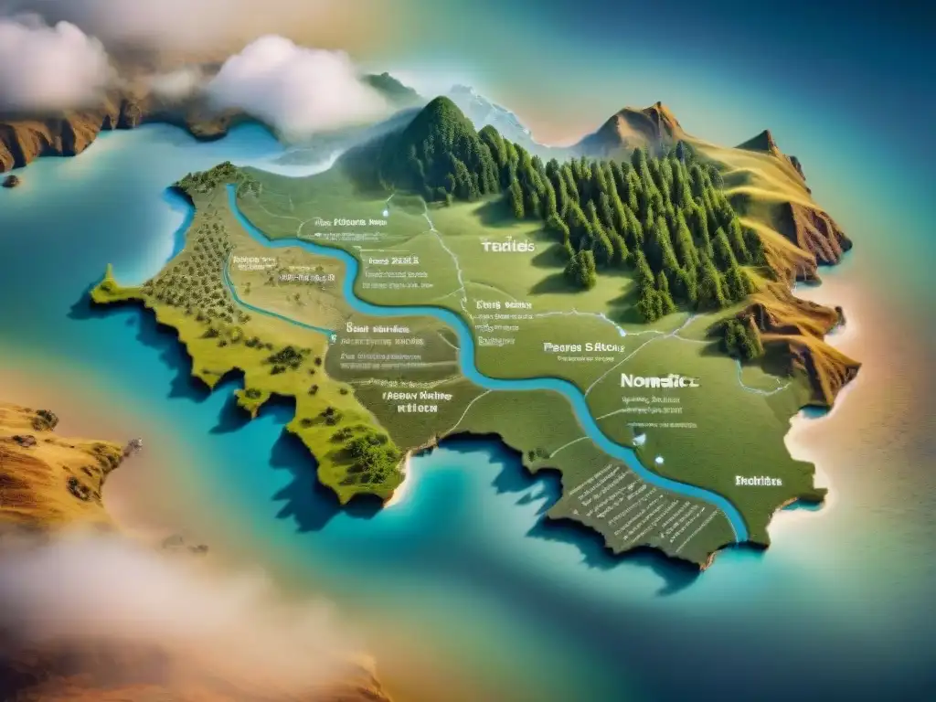 Mapa detallado de rutas migratorias de tribus nómadas, legado lingüístico, colores desgastados evocan historia