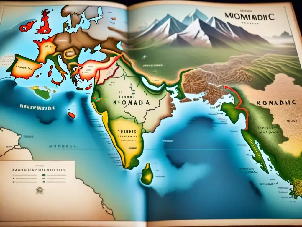 Mapa detallado de rutas migratorias de tribus nómadas, influencia histórica en estepas