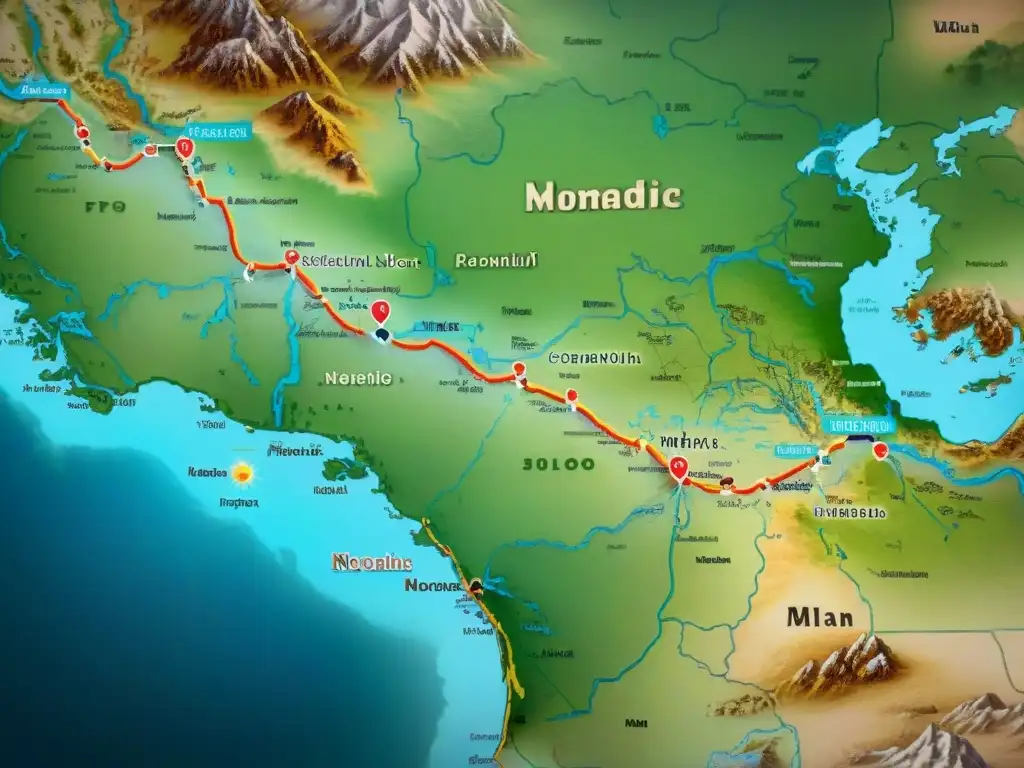 Mapa detallado de las rutas migratorias de tribus nómadas en las estepas, con jinetes y yurtas tradicionales