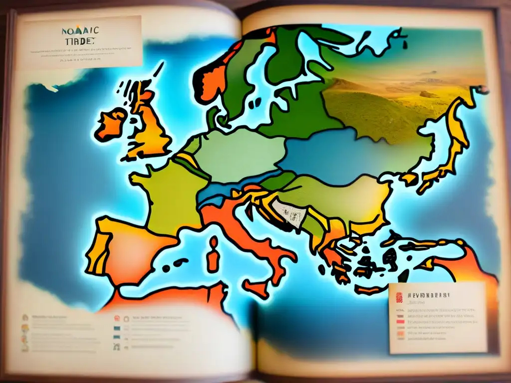 Mapa detallado de rutas migratorias nómadas con influencia política a lo largo de los continentes, lleno de símbolos e historias