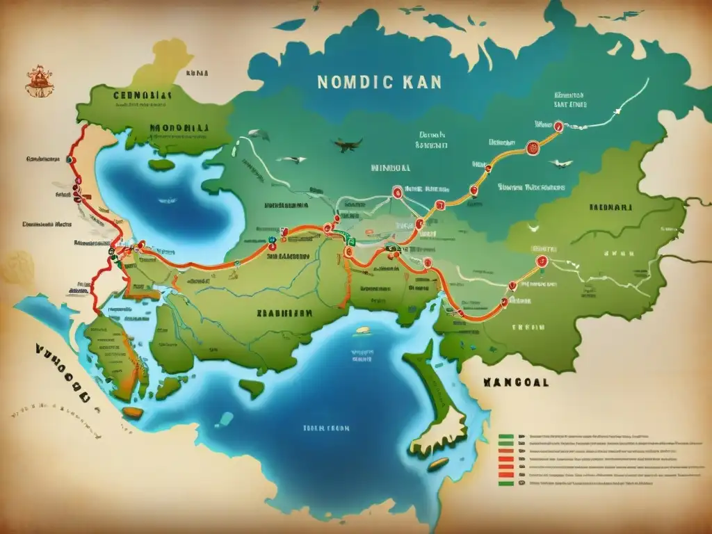 Mapa detallado de rutas migratorias históricas de las tribus nómadas de Genghis Khan, evocando exploración ancestral