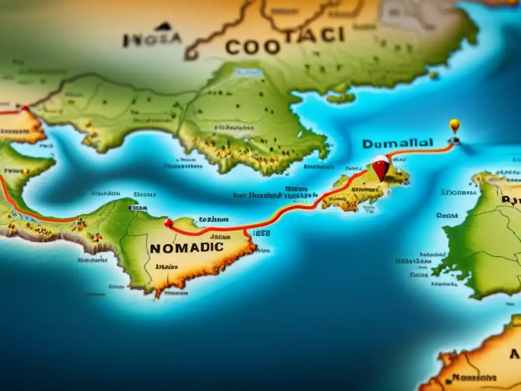 Mapa detallado de rutas migratorias de tribus nómadas a lo largo de la historia, con ilustraciones de culturas, hitos y obstáculos naturales