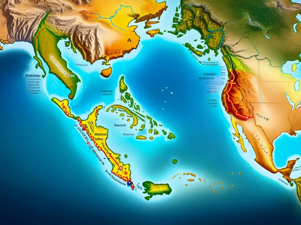 Mapa detallado con rutas migratorias de tribus nómadas, terrenos variados y símbolos culturales