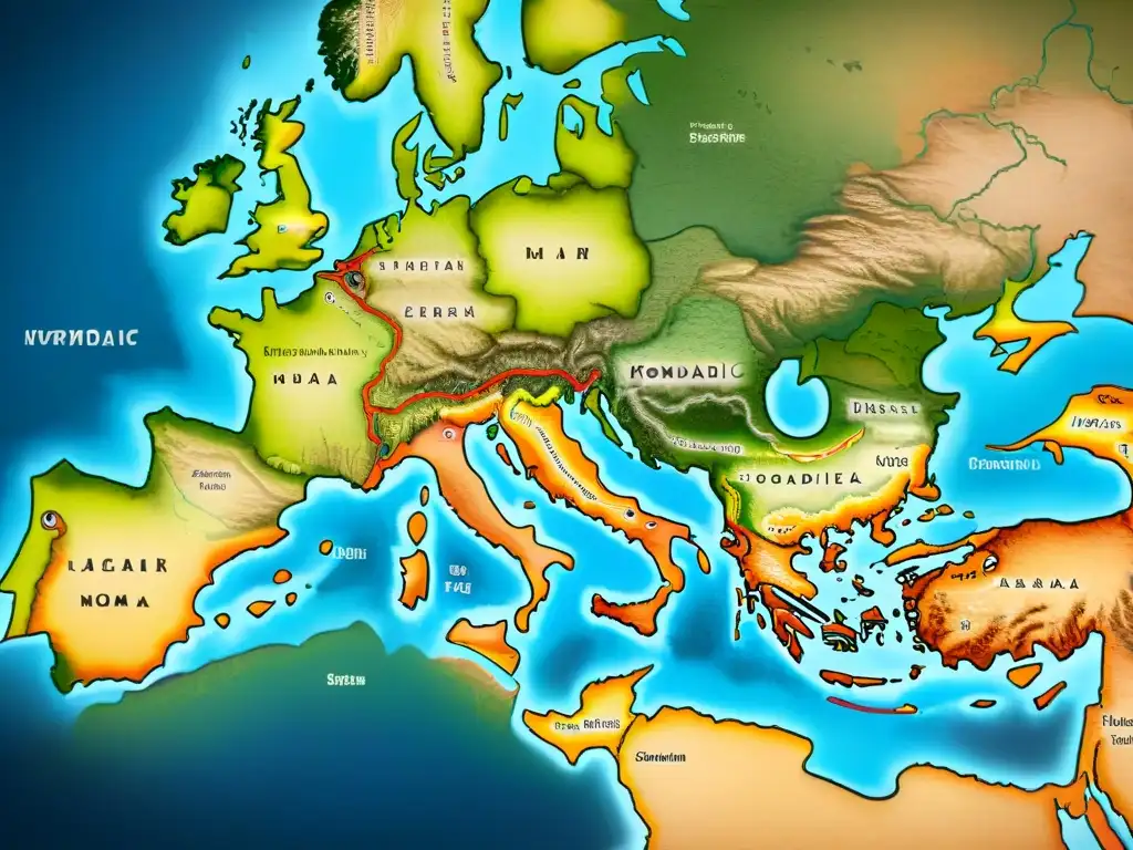 Mapa detallado de rutas migratorias de tribus nómadas a lo largo de la historia, con ilustraciones de culturas, paisajes y climas