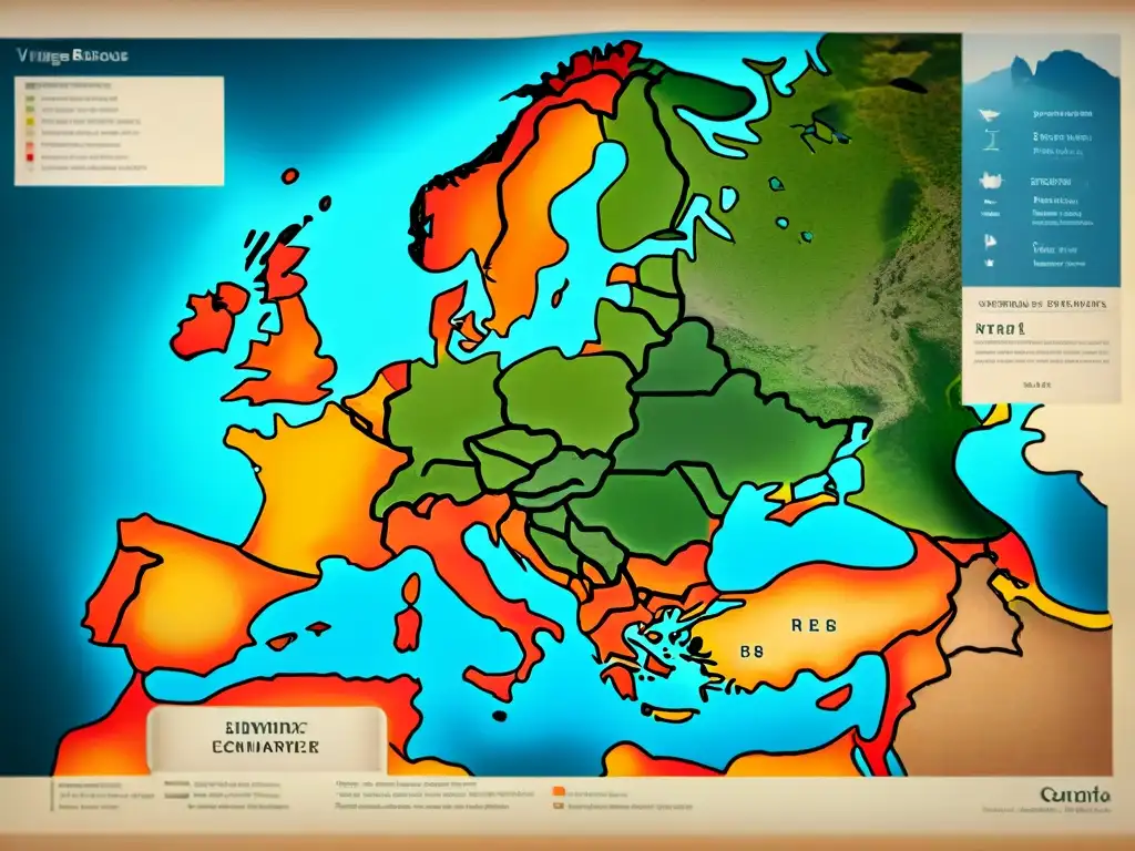 Mapa detallado de Europa con las rutas migratorias de las tribus hunas y su influencia en la cultura y los idiomas