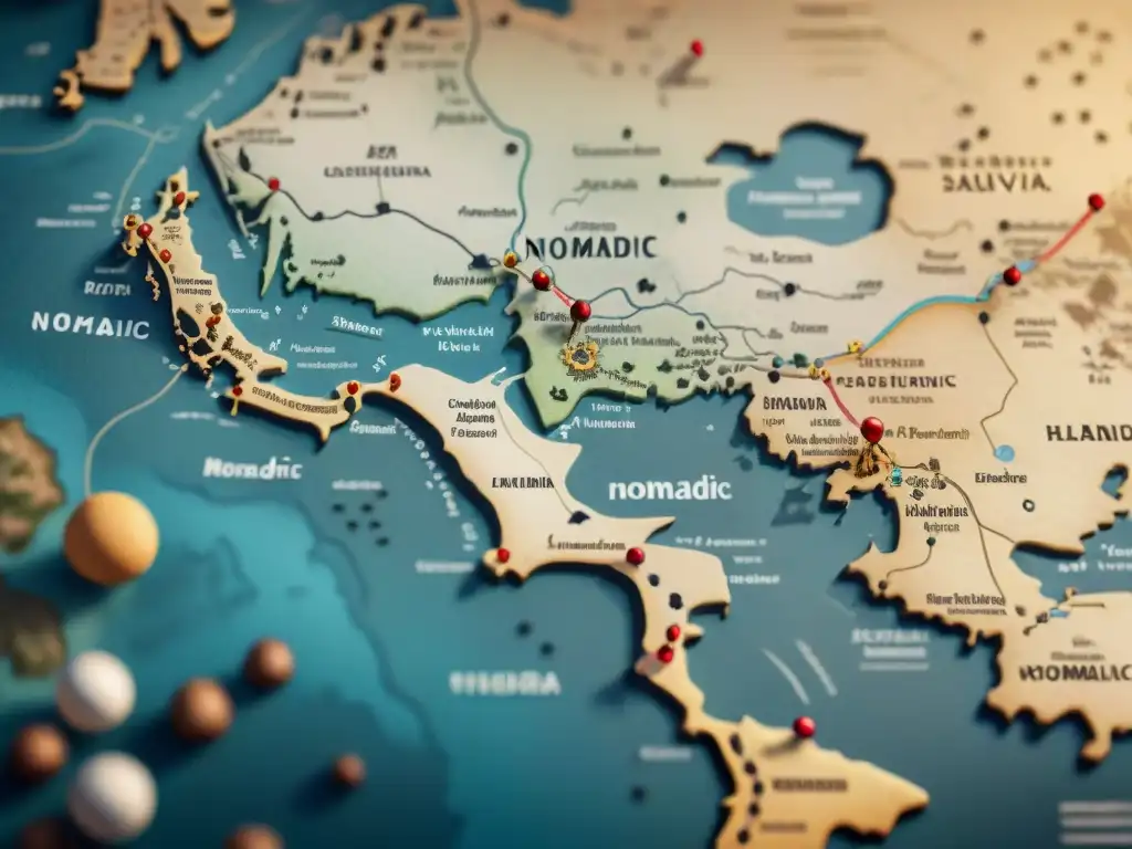 Mapa detallado de rutas migratorias de tribus nómadas, reflejando la importancia de idiomas y adaptación para sobrevivir