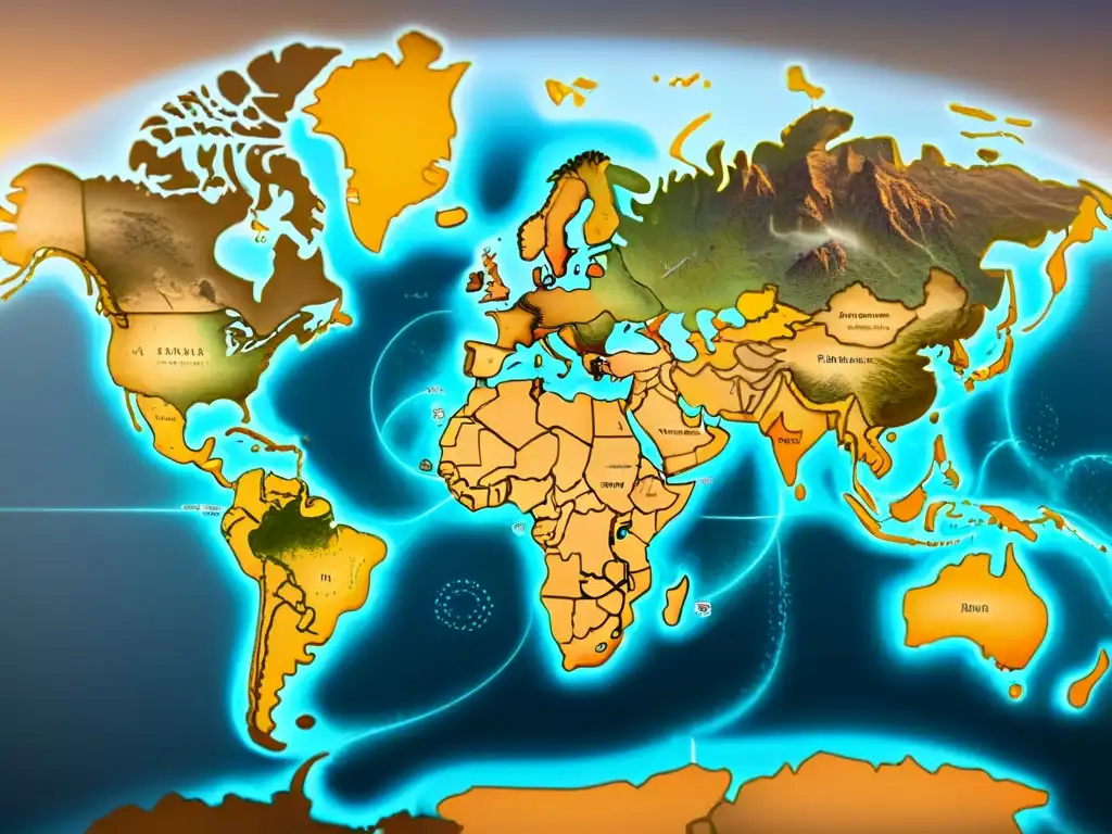 Mapa detallado de rutas nómadas, conectando culturas con símbolos y tonos sepia