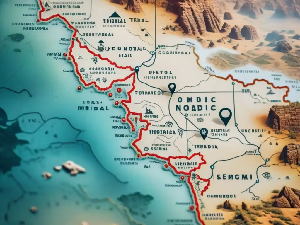 Mapa detallado de rutas de comunicación secreta de tribus nómadas en pergamino antiguo, con símbolos misteriosos y paisajes desérticos