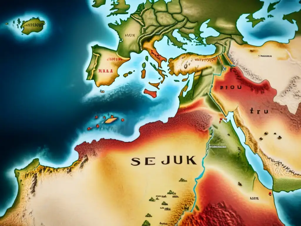 Mapa detallado en 8k de la expansión turcos selyúcidas y los Cruzados en la Edad Media en Medio Oriente