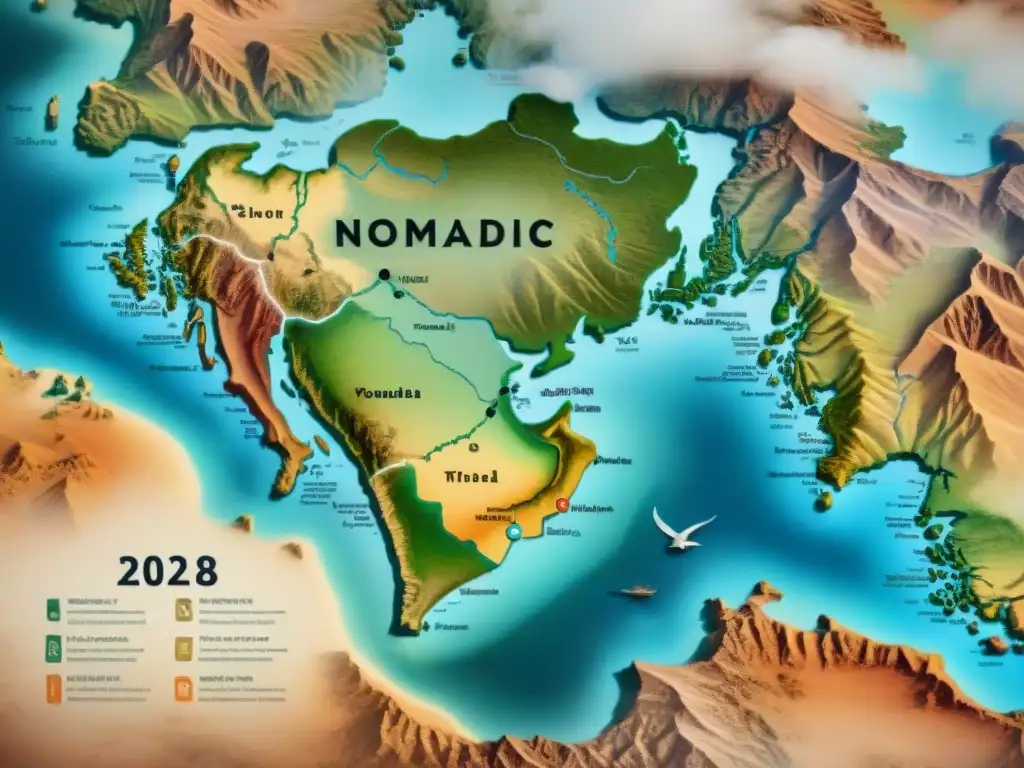 Mapa detallado de territorios ancestrales de tribus nómadas Mapa detallado de territorios anexados por tribus nómadas, con tonos terrosos y caligrafía delicada