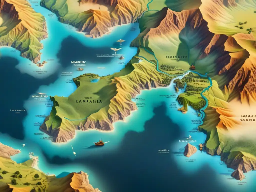 Mapa detallado de tribu nómada con rutas de migración, campamentos estacionales y símbolos culturales en tonos tierra