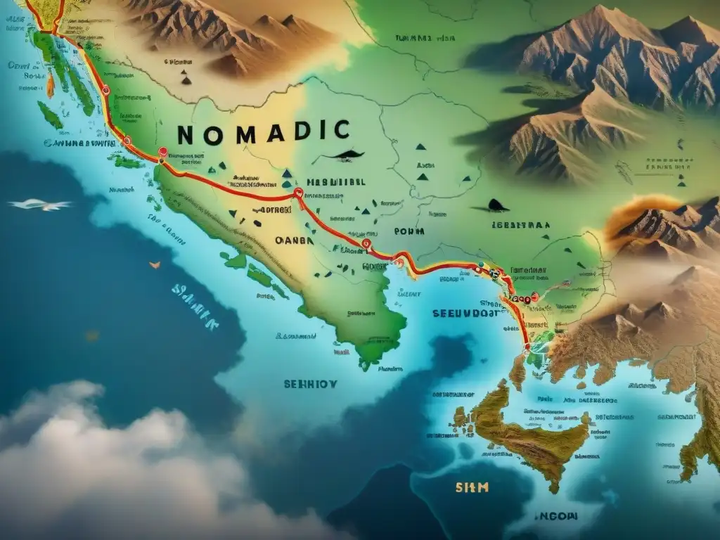 Mapa detallado de tribus nómadas en estepas con dialectos únicos, símbolos tradicionales y colores terrosos envejecidos