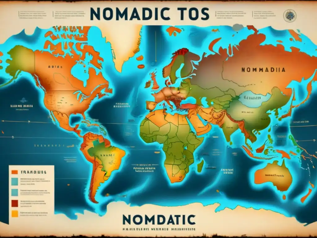 Mapa detallado de tribus nómadas, rutas migratorias históricas marcadas con símbolos culturales y legados, aspecto envejecido y elegantes anotaciones