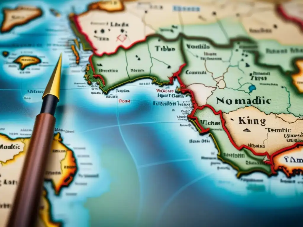 Mapa detallado de tribus nómadas en la historia: rutas, territorios y legado cultural en tonos terrosos y marcas intrincadas