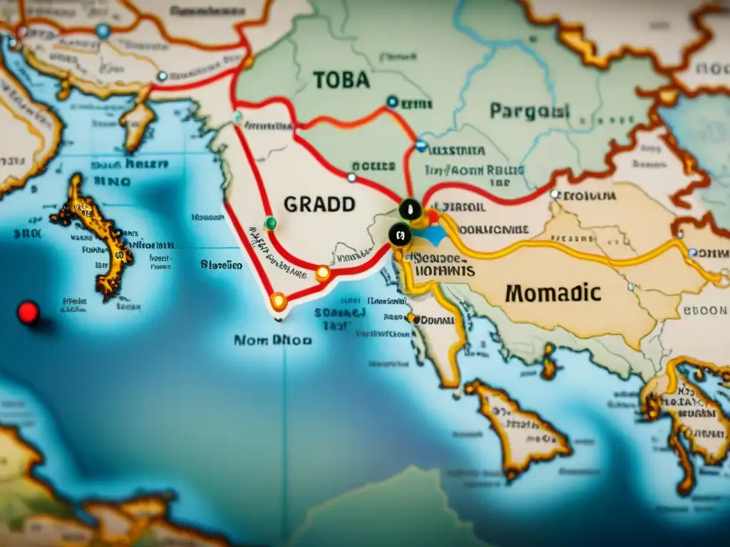 Mapa detallado de las tribus nómadas a lo largo de la Ruta de la Seda, en tonos tierra y textura envejecida