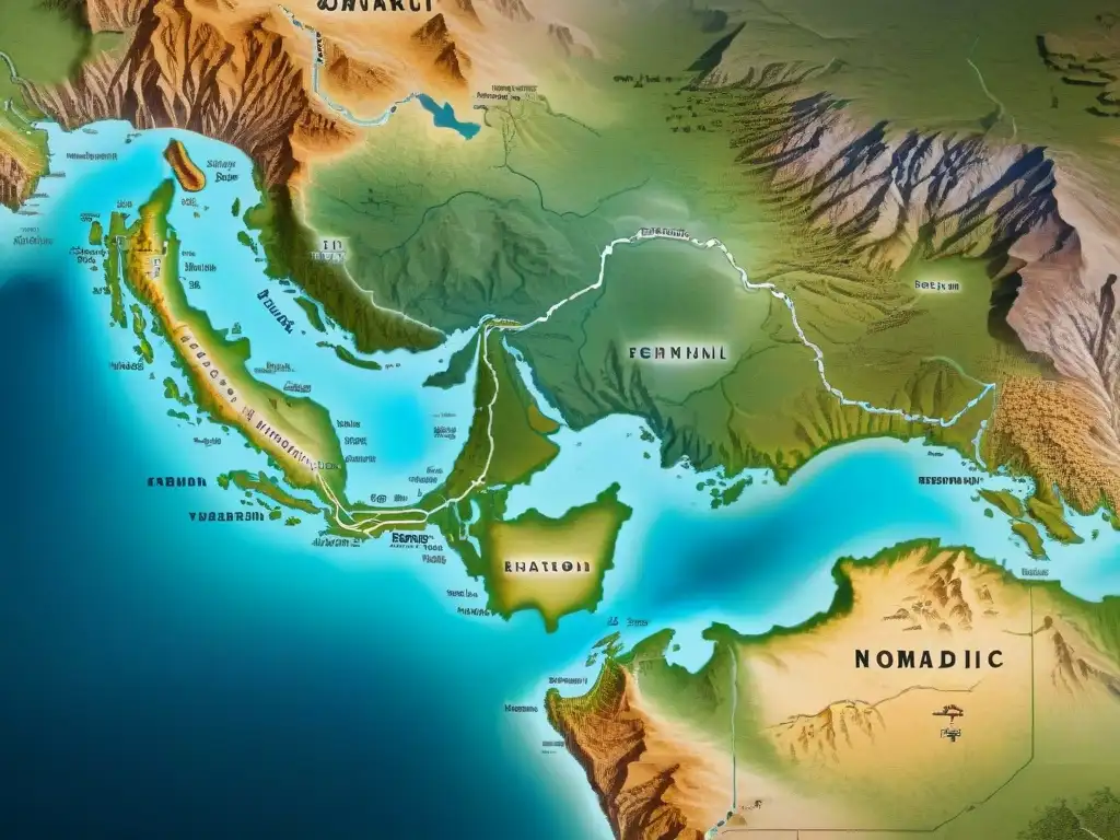 Mapa detallado de tribus nómadas en estepas, con símbolos tribales y rutas intrincadas que reflejan su influencia histórica