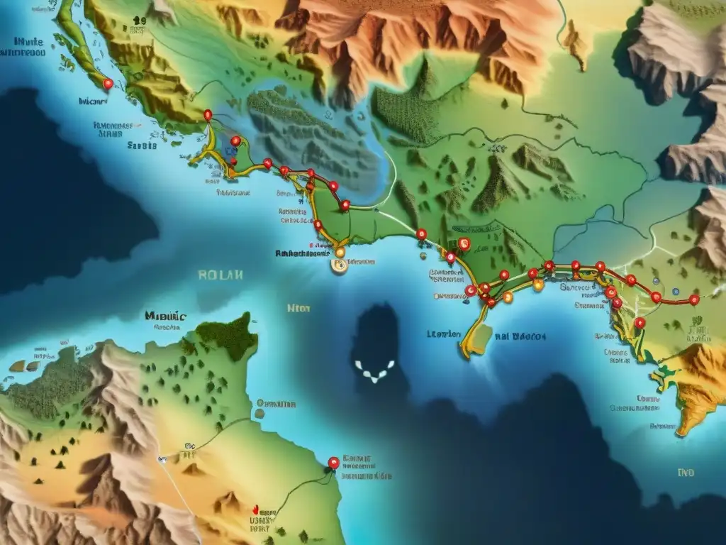 Mapa detallado de tribus nómadas con marcadores genéticos, paisajes diversos y adaptabilidad