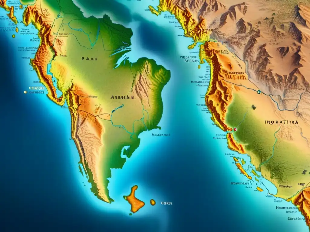 Mapa detallado de tribus nómadas en rutas ancestrales a través de paisajes, con campamentos, rutas comerciales y camélidos