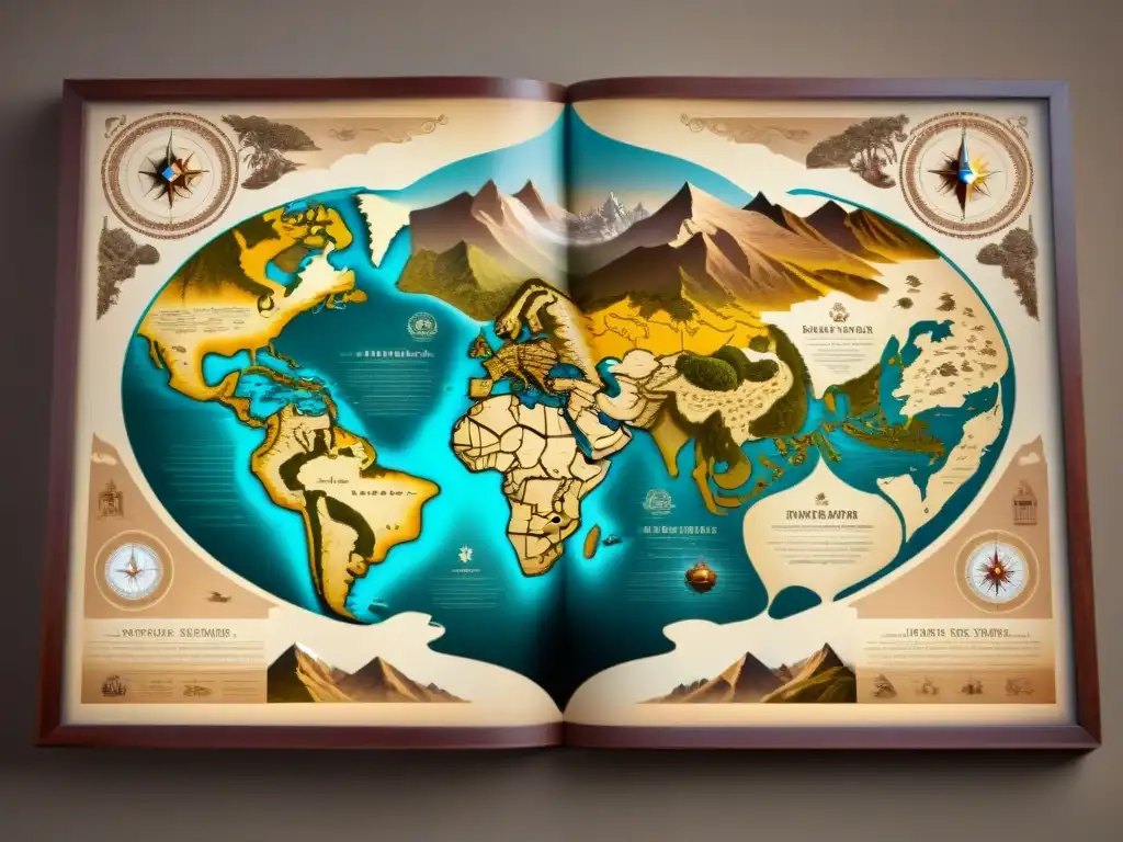 Mapa detallado de tribus nómadas, legado histórico en rutas y paisajes, tonos sepia evocan sabiduría ancestral