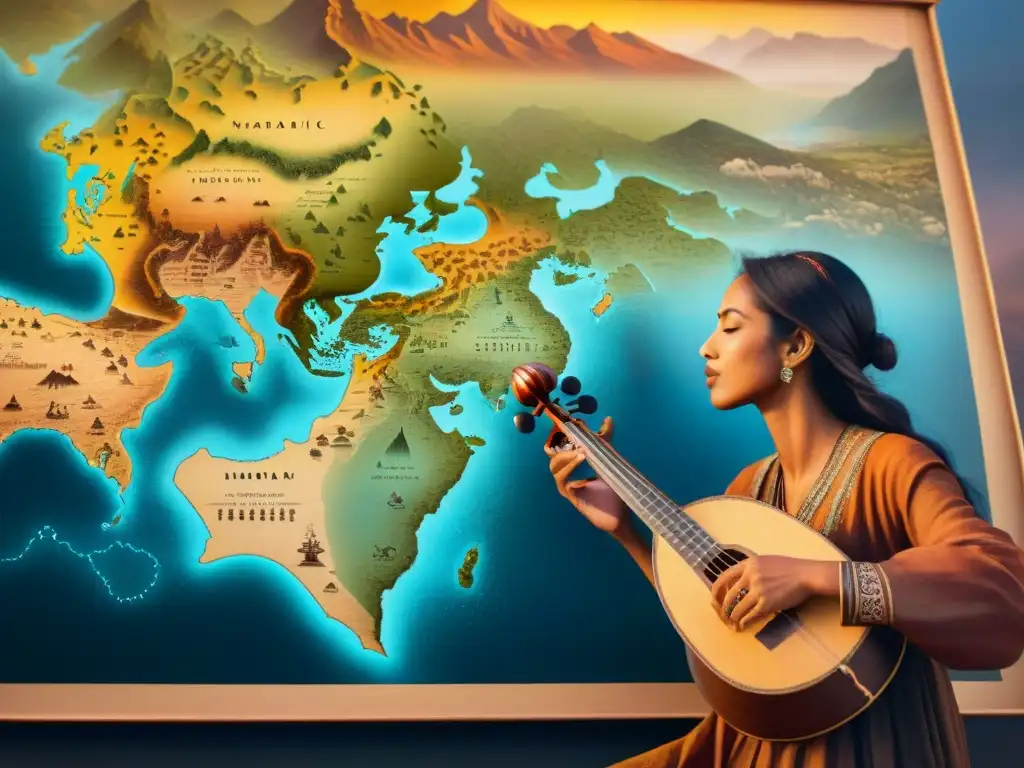 Mapa ancestral de rutas nómadas y música celeste Mapa detallado de tribus nómadas con música ancestral bajo cielos estrellados y paisajes infinitos