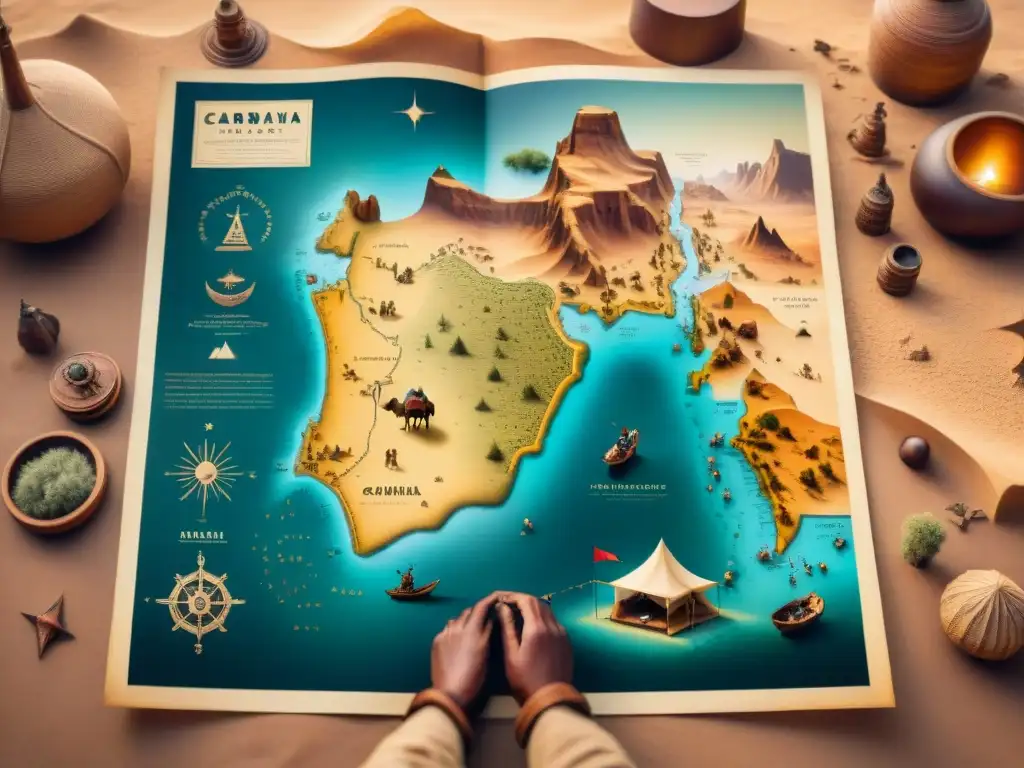 Mapa detallado de un vasto desierto con campamentos nómadas y rutas de caravanas, evocando logística nómada recursos largas campañas