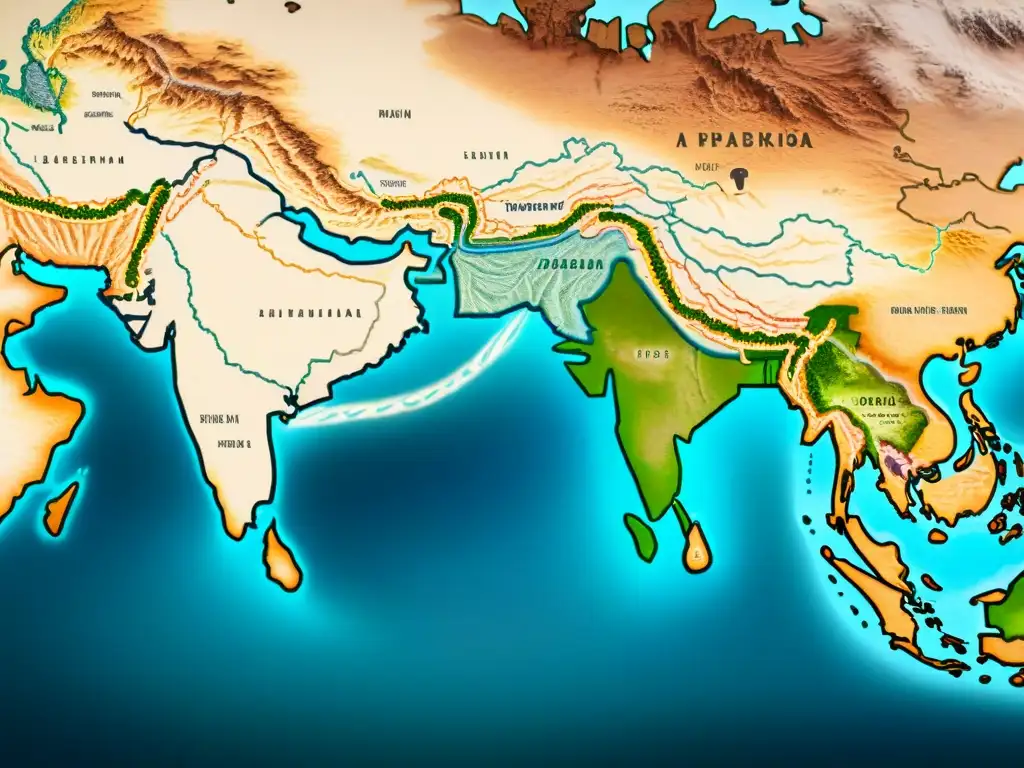 Mapa detallado vintage de la antigua Ruta de la Seda, mostrando la red de rutas comerciales que conectaban Asia y Europa a través de Asia Central