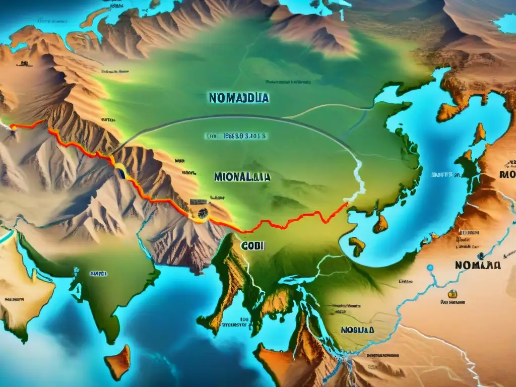 Mapa detallado vintage del Desierto del Gobi y la región de Mongolia, con ilustraciones de tribus nómadas en caballo y estrategias de guerra