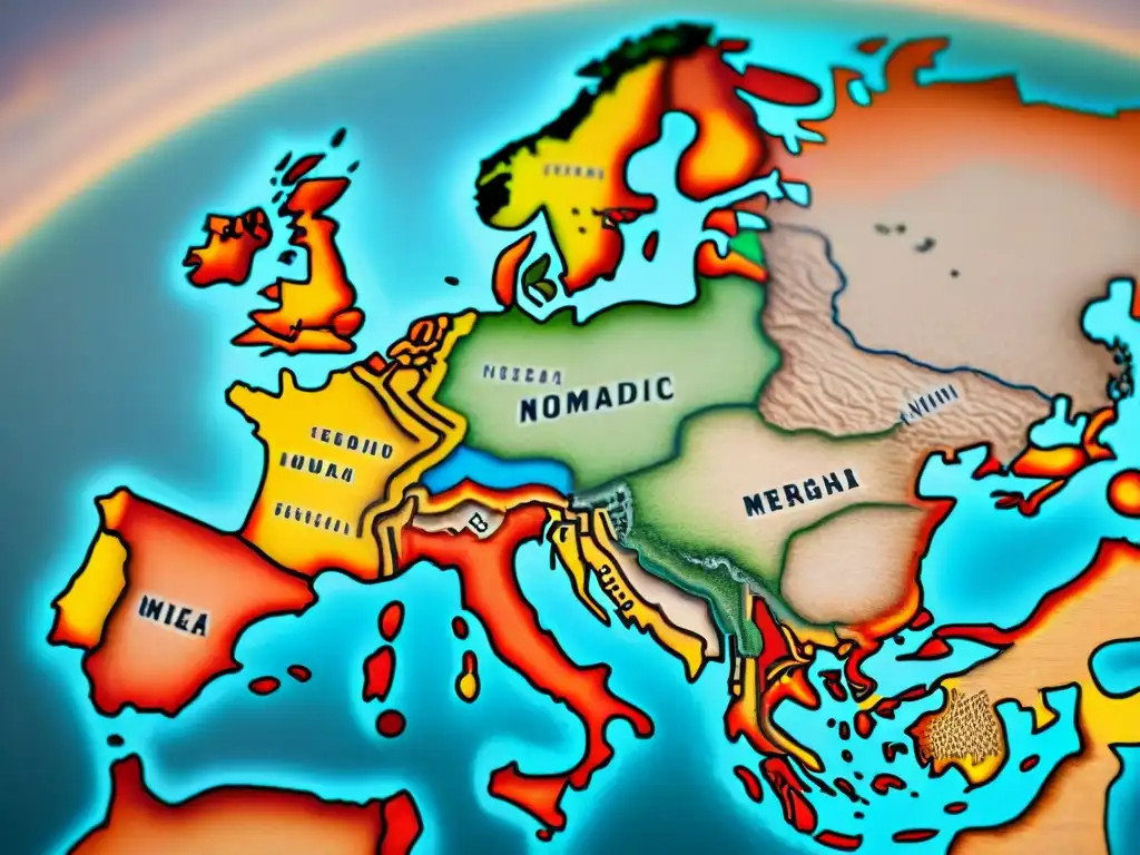Mapa detallado vintage de Eurasia con influencia nómada en nombres de lugares, caligrafía intrincada y tonos tierra desgastados
